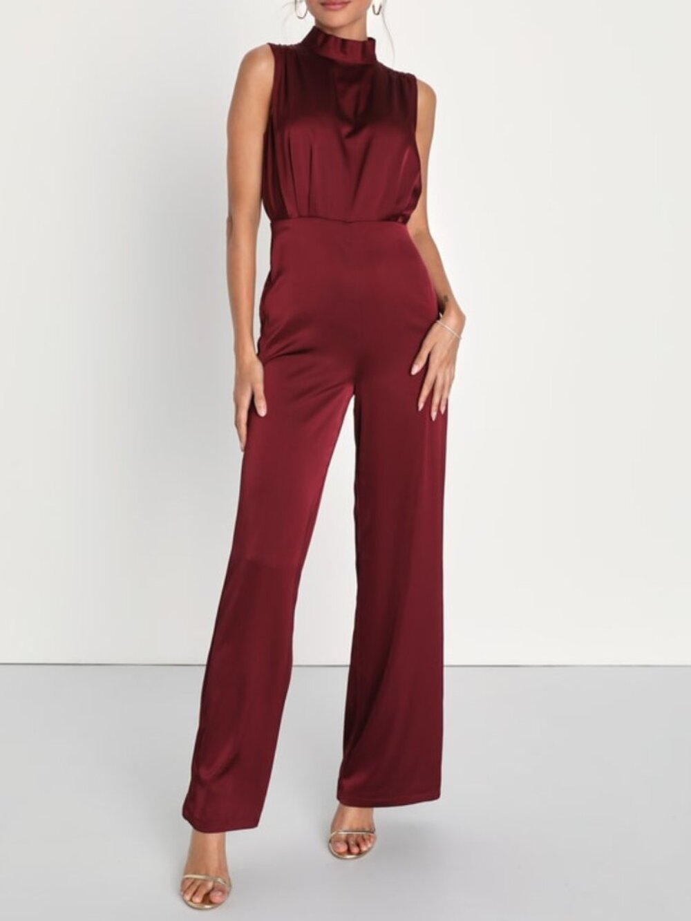 NWT Lulus Classic Elegance Wine Red Satin Sleeveless Mock Neck Jumpsuit - Size L